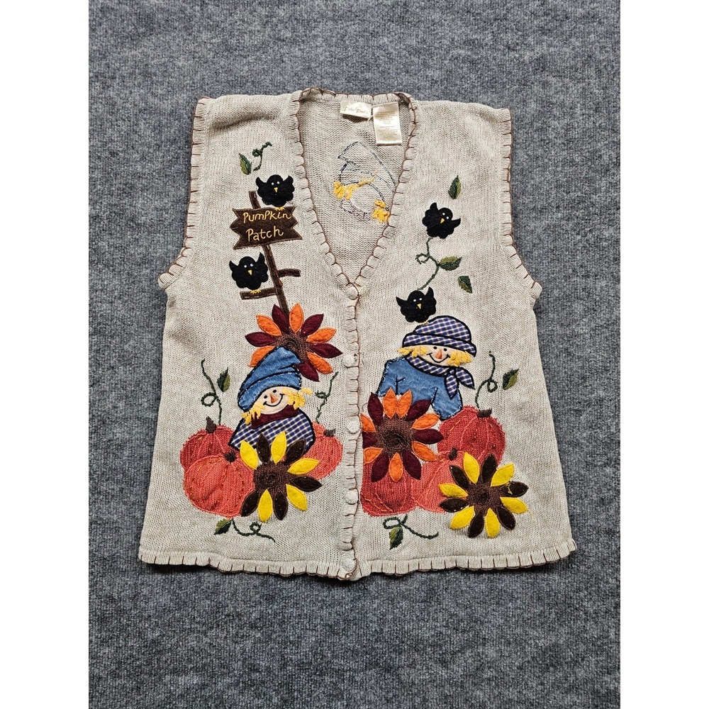 Bobbie Brooks Pumpkin Patch Scarecrow Sweater Vest Khaki Medium 90s Fall Cottage